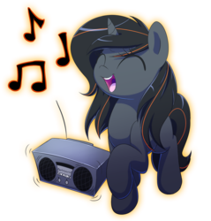 Size: 988x1034 | Tagged: safe, artist:acersiii, oc, oc only, oc:luminous siren, pony, unicorn, boombox, cute, eyes closed, female, mare, music notes, ocbetes, open mouth, simple background, singing, solo, transparent background