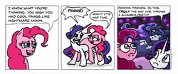 Size: 986x412 | Tagged: safe, artist:gingerfoxy, pinkie pie, princess luna, rarity, alicorn, earth pony, pony, unicorn, pony comic generator, g4, comic, needs more jpeg, slumber party