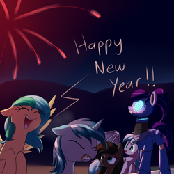 Size: 1000x1000 | Tagged: safe, artist:acersiii, oc, oc only, oc:bluescreen pony, oc:luminous siren, oc:moon bright, oc:solar tide, pony, fireworks, happy new year, happy new year 2017, holiday