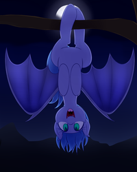 Size: 1280x1600 | Tagged: safe, artist:acersiii, oc, oc only, oc:moon bright, bat pony, pony, hanging, hanging upside down, moon, night, solo, upside down