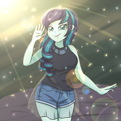 Size: 3507x3507 | Tagged: safe, artist:sumin6301, coloratura, equestria girls, g4, breasts, busty coloratura, clothes, cute, denim, equestria girls-ified, female, high res, looking at you, see-through, shirt, shorts, skirt, smiling, solo, thighs, veil