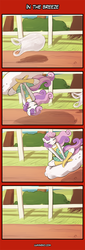 Size: 400x1180 | Tagged: safe, artist:lumineko, sweetie belle, unicorn, anthro, apple bloomers, g4, 4koma, bag, clothes, comic, crossed legs, dress, eyes closed, female, mare, sitting, smiling, wat, wind