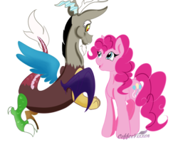 Size: 1024x819 | Tagged: safe, artist:coffeevixxen, discord, pinkie pie, draconequus, earth pony, pony, g4, duo, female, looking at each other, mare, simple background, transparent background