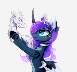 Size: 1448x1353 | Tagged: safe, artist:magnaluna, princess luna, oc, oc:zefiroth, alicorn, dragon, pony, g4, alternate design, crown, cute, duo, female, galaxy mane, jewelry, looking at each other, lunabetes, mare, regalia, simple background, smiling