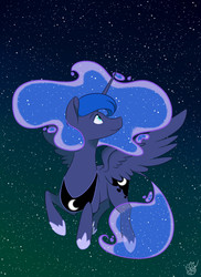 Size: 1861x2562 | Tagged: safe, artist:ximsketchs, princess luna, pony, g4, cute, ethereal mane, female, flying, lunabetes, signature, solo, starry mane, stars, twilight (astronomy)