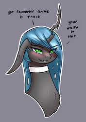 Size: 2480x3507 | Tagged: safe, artist:underpable, queen chrysalis, changeling, changeling queen, g4, blushing, bust, chest fluff, choker, cute, cutealis, dialogue, female, floppy ears, gray background, grin, high res, i can't believe it's not captainpudgemuffin, lidded eyes, long ears, portrait, rude, simple background, smiling, smirk, solo, style emulation, your waifu is shit