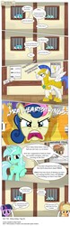Size: 3355x10772 | Tagged: safe, artist:perfectblue97, applejack, bon bon, button mash, dj pon-3, lyra heartstrings, sunny daze, sweetie drops, twilight sparkle, vinyl scratch, earth pony, pegasus, pony, unicorn, comic:without magic, g4, absurd resolution, angry, blank flank, bon bon is not amused, comic, earth pony twilight, female, fire, implied ball busting, implied infidelity, jail, lesbian, looking at you, male, mare, open mouth, poster, royal guard, ship:lyrabon, shipping, stallion, unamused