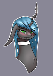Size: 2480x3507 | Tagged: safe, alternate version, artist:underpable, queen chrysalis, changeling, changeling queen, g4, blushing, bust, chest fluff, female, floppy ears, gray background, high res, i can't believe it's not captainpudgemuffin, lidded eyes, long ears, portrait, simple background, smiling, smirk, solo, style emulation