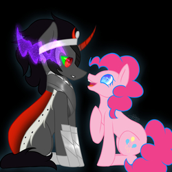 Size: 1800x1800 | Tagged: safe, artist:arcademelisa, king sombra, pinkie pie, earth pony, pony, unicorn, g4, armor, black background, cape, clothes, colored horn, curved horn, female, heart eyes, horn, male, mare, nervous, shipping, simple background, sitting, sombra eyes, sombra horn, sombrapie, stallion, straight, wingding eyes