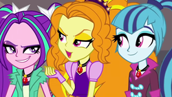 Size: 1366x768 | Tagged: safe, screencap, adagio dazzle, aria blaze, sonata dusk, equestria girls, g4, my little pony equestria girls: rainbow rocks, gem, jewelry, pendant, siren gem, smiling, smirk, the dazzlings