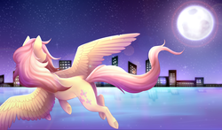 Size: 4169x2455 | Tagged: safe, artist:scarlet-spectrum, fluttershy, pony, g4, city, cityscape, female, flying, full moon, high res, looking away, mare, moon, night, reflection, solo, spread wings, stars, underhoof, water, wings