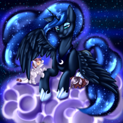 Size: 1800x1800 | Tagged: safe, artist:arcademelisa, princess luna, oc, alicorn, earth pony, pony, g4, eyepatch, foal, maternaluna, prone