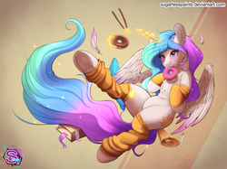 Size: 1845x1380 | Tagged: safe, artist:sugarlesspaints, princess celestia, alicorn, pony, g4, :3, belly, blushing, book, chest fluff, cute, cutelestia, donut, feather, female, food, glowing horn, hnnng, horn, leg warmers, magic, mare, multiple variants, pocky, smiling, solo, telekinesis, underhoof