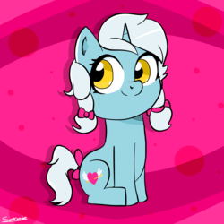 Size: 2000x2000 | Tagged: safe, artist:saveraedae, oc, oc only, oc:lovestruck, pony, unicorn, abstract background, chibi, cute, high res, looking at you, pink background, sitting, solo
