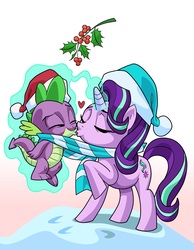 Size: 2718x3507 | Tagged: safe, artist:art-2u, spike, starlight glimmer, dragon, pony, unicorn, g4, christmas, clothes, cute, derail in the comments, duo, eyes closed, female, gradient background, hat, heart, hearth's warming, high res, holiday, holly, holly mistaken for mistletoe, i can't believe it's not idw, interspecies, kiss on the lips, kissing, levitation, love, magic, male, mare, raised hoof, santa hat, scarf, shared clothing, shared scarf, ship:sparlight, shipping, snow, straight, telekinesis, winged spike, wings