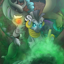 Size: 2048x2048 | Tagged: safe, artist:percy-mcmurphy, discord, zecora, draconequus, zebra, g4, bipedal, cauldron, chest fluff, crack shipping, ear piercing, female, glowing eyes, high res, male, one eye closed, piercing, shipping, smiling, smoke, straight, zecord