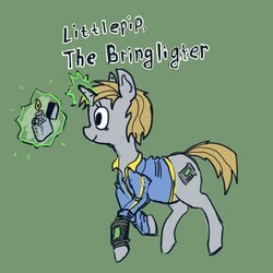 Size: 780x780 | Tagged: safe, artist:agm, oc, oc only, oc:littlepip, pony, unicorn, fallout equestria, clothes, cutie mark, fanfic, fanfic art, female, glowing horn, green background, hooves, horn, jumpsuit, levitation, lightbringer, lighter, magic, mare, pipboy, pipbuck, pun, simple background, smiling, solo, telekinesis, text, vault suit