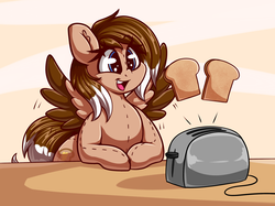Size: 2861x2136 | Tagged: safe, artist:graphene, oc, oc only, oc:cinnamon toast, pegasus, plush pony, pony, bread, breakfast, cute, ear fluff, female, food, happy, high res, mare, solo, spread wings, toast, toaster, wings