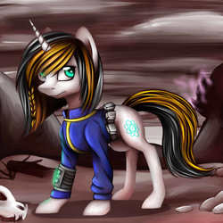 Size: 4000x4000 | Tagged: safe, artist:shkura2011, oc, oc only, pony, unicorn, fallout equestria, absurd resolution, clothes, fallout, female, jumpsuit, magic, mare, skull, solo, vault suit