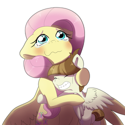 Size: 4000x4000 | Tagged: safe, artist:marukouhai, featherweight, fluttershy, pony, g4, absurd resolution, blushing, crying, floppy ears, hug, looking up, simple background, tears of joy, teary eyes, wavy mouth, white background