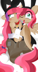 Size: 5000x9500 | Tagged: safe, artist:fullmetalpikmin, oc, oc only, oc:becky brown, oc:emry brown, pegasus, pony, absurd resolution, body pillow, body pillow design, bunny ears, bunny suit, bunny tail, clothes, collar, embarrassed, female, freckles, one eye closed, sisters, twins, wink