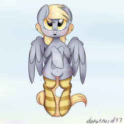 Size: 1024x1024 | Tagged: safe, artist:donutnerd, derpy hooves, pony, g4, blushing, clothes, female, looking at you, on back, open mouth, socks, solo, striped socks, watermark