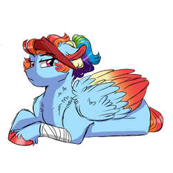 Size: 3000x3000 | Tagged: safe, artist:scarletskitty12, rainbow dash, pegasus, pony, g4, alternate design, alternate hairstyle, bandage, colored hooves, colored wings, colored wingtips, female, frown, high res, mare, simple background, solo, unshorn fetlocks, white background