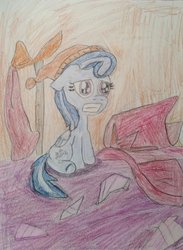 Size: 1024x1397 | Tagged: safe, artist:grassy blade, oc, oc only, oc:broken glass, pegasus, pony, cute, cutie mark, female, filly, hat, oops my bad, solo, traditional art