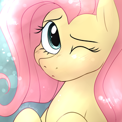 Size: 2000x2000 | Tagged: safe, artist:pinch-of-salt, fluttershy, pegasus, pony, g4, blushing, bust, cute, female, high res, looking at you, mare, one eye closed, portrait, shyabetes, solo