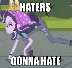 Size: 468x440 | Tagged: safe, edit, edited screencap, screencap, starlight glimmer, equestria girls, equestria girls specials, g4, my little pony equestria girls: mirror magic, animated, cropped, female, gif, haters gonna hate, humans doing horse things, meme, reversed