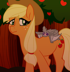 Size: 1708x1755 | Tagged: safe, artist:/d/non, applejack, bat, earth pony, pony, vampire fruit bat, g4, 30 minute art challenge, apple tree, female, mare, solo, tree