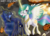 Size: 4823x3445 | Tagged: safe, artist:darkest-lunar-flower, princess celestia, princess luna, pony, g4, absurd resolution, blood, cut, explosion, glowing horn, horn, magic, running, telekinesis