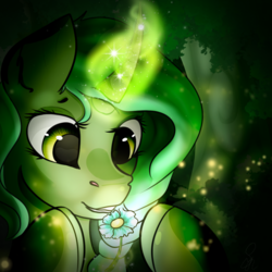 Size: 1000x1000 | Tagged: safe, artist:isorrayi, oc, oc only, pony, curved horn, female, flower, glowing horn, horn, magic, mare, smiling, solo