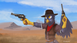 Size: 3500x1969 | Tagged: safe, artist:rublegun, oc, oc only, oc:apostle, griffon, anthro, bandana, clothes, commission, gun, handgun, hat, male, pistol, solo, vest