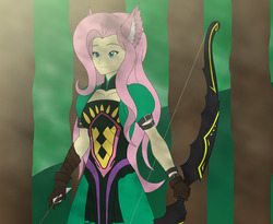 Size: 2970x2433 | Tagged: safe, artist:pyrus-leonidas, fluttershy, equestria girls, g4, animal ears, archer, archer of red, arrow, atalanta, bow (weapon), bow and arrow, clothes, crossover, fate/apocrypha, fate/grand order, female, forest, high res, smiling, solo, tauropolos, tree, weapon