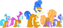 Size: 2248x1001 | Tagged: safe, artist:cloudy glow, sapphire shores, earth pony, pony, for whom the sweetie belle toils, g4, season 4, background pony, butt, clothes, clothes swap, cosplay, costume, crossover, disney, female, group, hercules, mare, muse, muses, plot, simple background, transparent background, vector