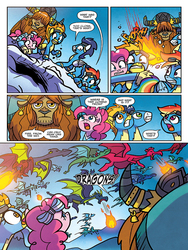 Size: 720x960 | Tagged: safe, artist:agnesgarbowska, idw, official comic, pinkie pie, prince rutherford, rainbow dash, soarin', spitfire, dragon, pony, g4, not asking for trouble, spoiler:comic, spoiler:comic55, fire, fire breath, preview, unnamed character, unnamed dragon, wonderbolts, xk-class end-of-the-world scenario