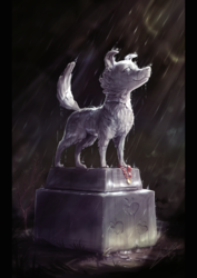 Size: 850x1200 | Tagged: safe, artist:assasinmonkey, winona, dog, pony, g4, beautiful, collar, female, memorial, rain, sad, smiling, solo, statue