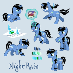 Size: 600x600 | Tagged: safe, artist:sapphiregamgee, artist:sapphirestar, oc, oc only, oc:night rain, pony, unicorn, accessory, angry, blushing, book, cutie mark, feather, freckles, hair tie, happy, jewelry, magic, pendant, ponytail, redesign, reference sheet, scared, solo, story in the source, telekinesis, two toned mane, watch, wristwatch