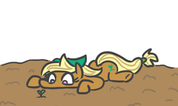 Size: 437x262 | Tagged: safe, artist:jargon scott, oc, oc only, oc:tater trot, earth pony, pony, cute, dirt, eyes on the prize, female, looking at something, lying down, mare, mud, no pupils, ocbetes, prone, silly, silly pony, simple background, solo, sprout, underhoof, white background, wide eyes