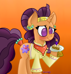 Size: 720x750 | Tagged: safe, artist:snakeythingy, saffron masala, pony, unicorn, g4, spice up your life, birthday, birthday candles, blushing, curried oat cake, female, mare