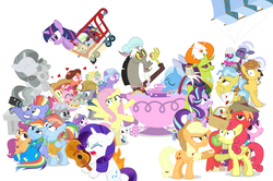 Size: 1182x785 | Tagged: safe, artist:dm29, angel bunny, applejack, big macintosh, bow hothoof, chipcutter, discord, doctor fauna, feather bangs, fluttershy, hoity toity, maud pie, photo finish, pinkie pie, princess flurry heart, rainbow dash, rarity, scootaloo, starlight glimmer, strawberry sunrise, sugar belle, sweetie belle, thorax, trixie, twilight sparkle, whammy, wild fire, windy whistles, alicorn, changedling, changeling, pony, a flurry of emotions, all bottled up, celestial advice, fluttershy leans in, forever filly, hard to say anything, honest apple, rock solid friendship, anger magic, basket, bottled rage, camera, cinnamon nuts, clothes, cup, equestrian pink heart of courage, female, food, guitar, heart, heart eyes, helmet, hug, jalapeno red velvet omelette cupcakes, king thorax, kite, magic, male, mining helmet, pizza costume, pizza head, rainbow dash's parents, reformed four, shipping, shopping cart, simple background, statue, stingbush seed pods, straight, strawberry, sugarmac, teacup, that pony sure does love kites, that pony sure does love teacups, the meme continues, the story so far of season 7, this isn't even my final form, twilight sparkle (alicorn), uniform, wall of tags, white background, windyhoof, wingding eyes, wonderbolts uniform