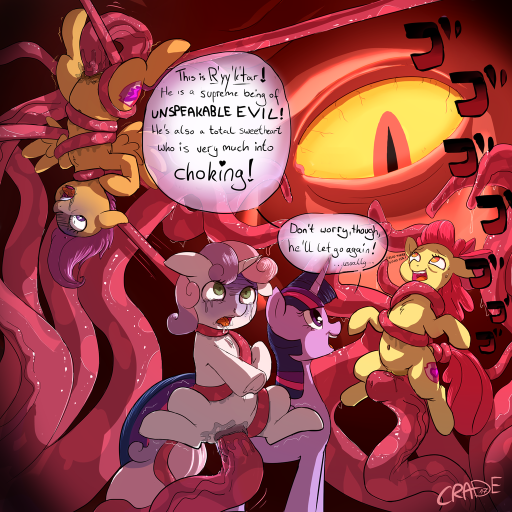 1024px x 1024px - 1457397 - explicit, grimdark, artist:crade, apple bloom, scootaloo, sweetie  belle, twilight sparkle, pony, tentacle monster, armpits, asphyxiation,  belly button, chest fluff, choking, crying, cutie mark crusaders, dialogue,  female, foalcon, glowing ...