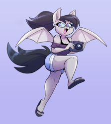 Size: 2274x2547 | Tagged: safe, artist:herny, oc, oc only, oc:titty sprinkles, bat pony, anthro, plantigrade anthro, anthro oc, bat pony oc, boob freckles, breasts, camera, chest freckles, clothes, commission, cute, feet, female, flip-flops, freckles, glasses, high res, open mouth, sandals, shorts, shoulder freckles, solo