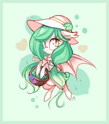 Size: 900x1021 | Tagged: safe, artist:ipun, oc, oc only, oc:mojito puff, bat pony, pony, basket, bow, chibi, commission, cute, female, hair bow, hat, heart, heart eyes, looking at you, mare, ocbetes, smiling, solo, wingding eyes