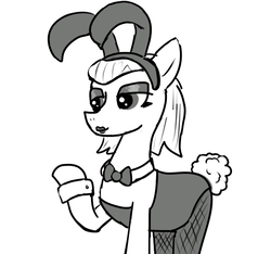 Size: 640x600 | Tagged: safe, artist:ficficponyfic, oc, oc only, earth pony, pony, colt quest, bowtie, bunny ears, bunny suit, bunny tail, candle, clothes, eyeshadow, female, fishnet stockings, hooker, lipstick, makeup, mare, monochrome, prostitute, smiling, story included, waitress