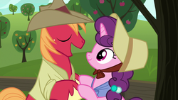 Size: 1280x720 | Tagged: safe, screencap, big macintosh, sugar belle, earth pony, pony, unicorn, g4, hard to say anything, apple tree, farm, female, front knot midriff, hat, male, mare, midriff, ship:sugarmac, shipping, stallion, straight, tree