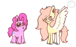 Size: 1104x680 | Tagged: safe, artist:nerdicorn, fluttershy, pinkie pie, pony, g4, derp, open mouth, simple background, spread wings, white background, wings