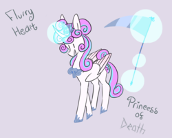 Size: 500x400 | Tagged: safe, artist:nerdicorn, princess flurry heart, alicorn, pony, g4, female, flurry heart ruins everything, magic, mare, meme, older, older flurry heart, scythe, simple background, skull, solo