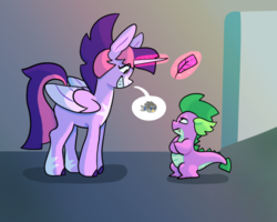 Size: 500x400 | Tagged: safe, artist:nerdicorn, gabby, spike, twilight sparkle, alicorn, dragon, griffon, pony, g4, the fault in our cutie marks, crossed arms, cute, dialogue, feather, levitation, magic, smiling, speech bubble, telekinesis, twilight sparkle (alicorn)